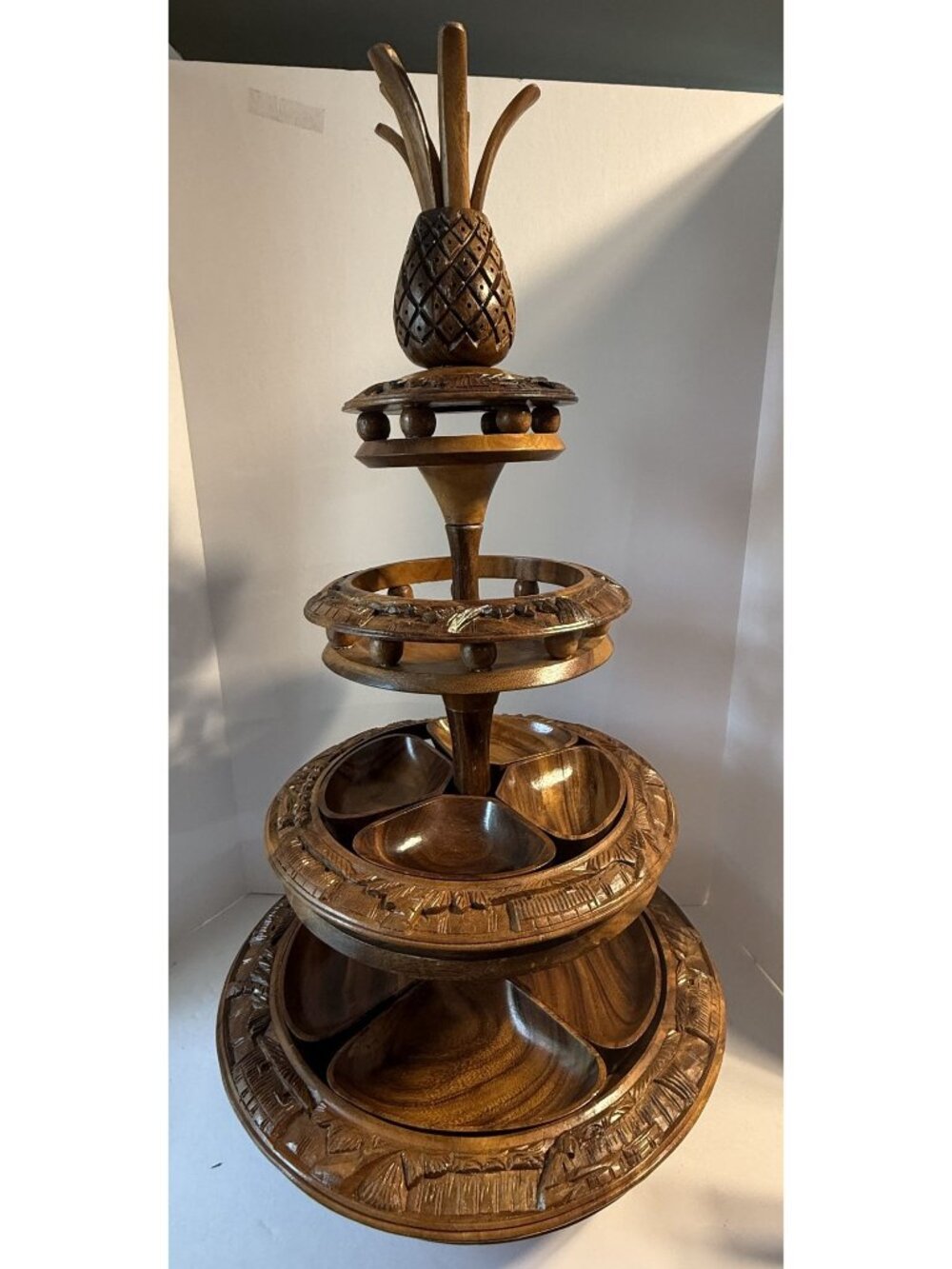Vintage Rosas Philippine Monkey Pod Wood 3 Tier Lazy Susan Serving Set Pineapple
